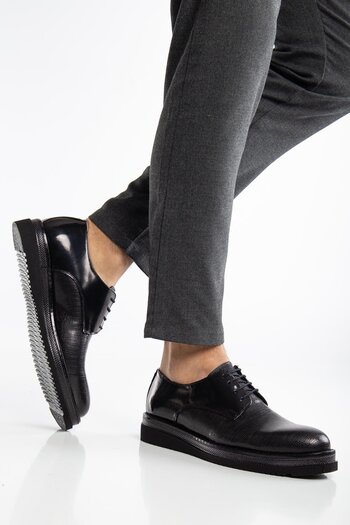 Dilimler Ayakkabı Men's Classic Shoes - Black Patent Leather - Thick Sole - Tied