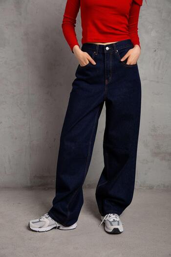 Maule Navy Blue Buckle Detailed Loose Fit Wide Leg Comfortable Baggy Jean Jeans Loose Women's Trousers @milano