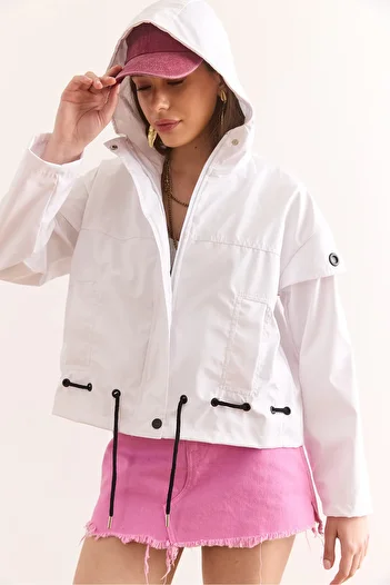 Olalook Women's White Lined Eyelet Detailed Raincoat Jacket Ckt-19000442