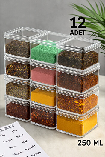 Serin Bardak Set of 12 250 ml Acrylic Spice Shakers Storage Container (Transparent Label Gift)
