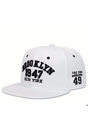 CosmoOutlet Brooklyn 1947 New York Embroidered Adjustable Hip Hop White Hat from the Back