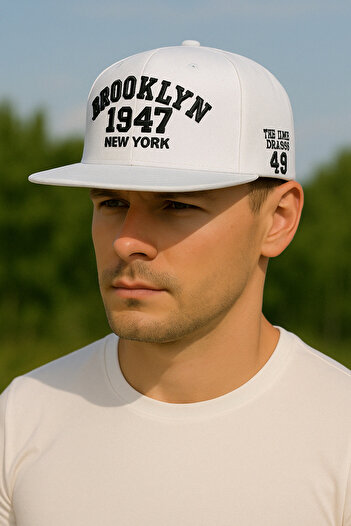 CosmoOutlet Brooklyn 1947 New York Embroidered Adjustable Hip Hop White Hat from the Back