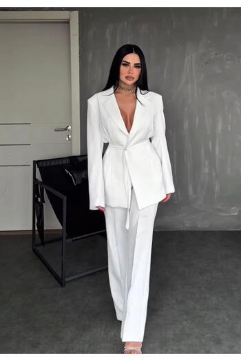 BERİ BUTİK Premium Blazer White Jacket Pants Set