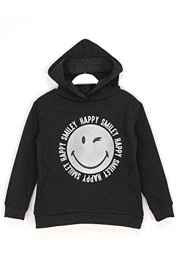 DobaKids Winter Long Sleeve Smile Printed Girl's Black Hooded Sweatshirt