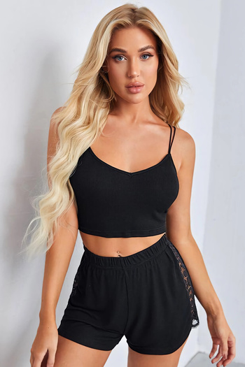YILTER Women's Black Side and Back Lace Detailed Double-Line Thin Elastic Shorts Homewear Set
