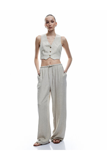 Koton Lace-Up Waist Linen Blended Comfortable Fit Striped Wide Leg Pants