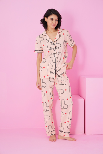 Siyah İnci Salmon Love Heart Patterned Short Sleeve Buttoned Pajama Set7854