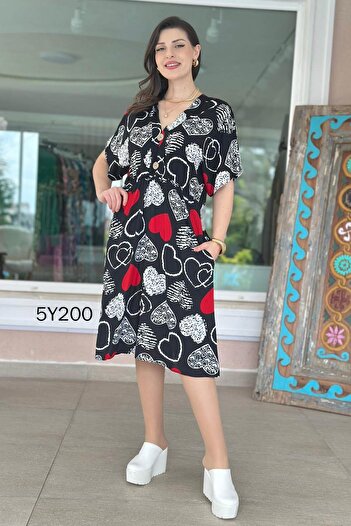 İnce Topuk V-Neck Button Detail Viscose Dress 5Y200