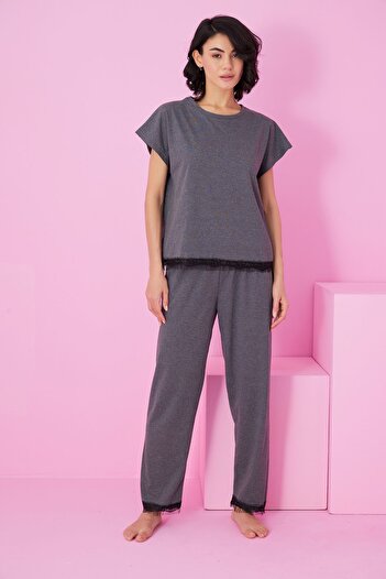Siyah İnci Anthracite Lace Detailed Crew Neck Knitted Pajama Set