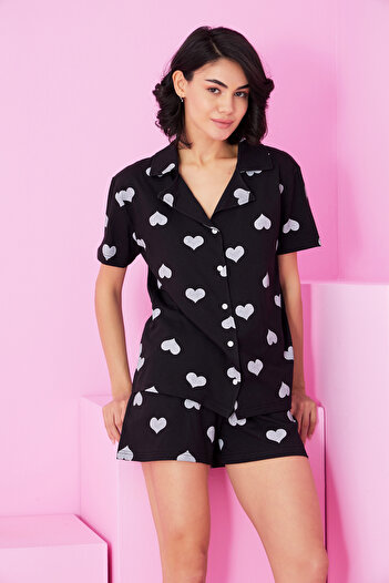 Siyah İnci Black and White Heart Printed Shirt Collar Buttoned Knitted Shorts Set