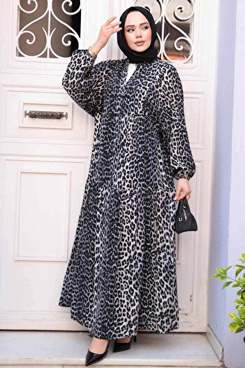 N.S NEVA STYLE Leopard Patterned Gray Hijab Dress 52942Gr