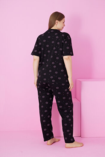 Siyah İnci siyah pembe çiçek baskılı Büyük Beden Battal Boy Düğmeli Örme Pijama Takım