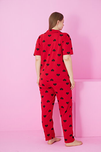 Siyah İnci kırmızı siyah kalp baskılı Büyük Beden Battal Boy Düğmeli Örme Pijama Takım