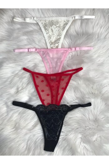COLOR DE PIEL Women's 4-Piece Thong Panties Combination (Black-Red-Ecru-Pink)