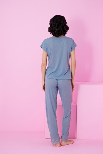 Siyah İnci indigo Soft Touch İnce Mevsimlik Dantel Detaylı Örme Pijama Takım7864