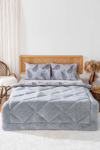 Riva Gray Leaf Loura Single Double Sided Luxury Wellsoft Quilt Set 155X215 cm