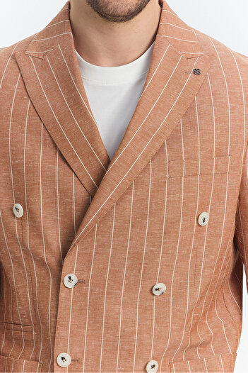 Frappoli Vitao Men's Tile Italian Striped Double Breasted Half Lined Slim Fit Sports Blazer Jacket