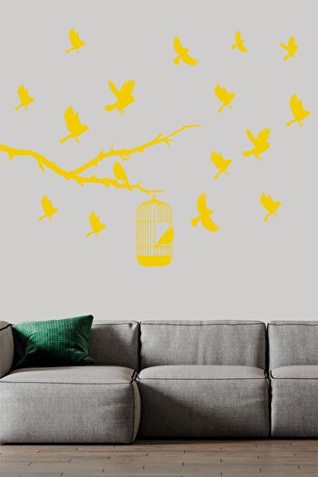 TRC TRAFİK Cage Escaped Birds Decorative Wall Sticker Yellow (13 Figures)