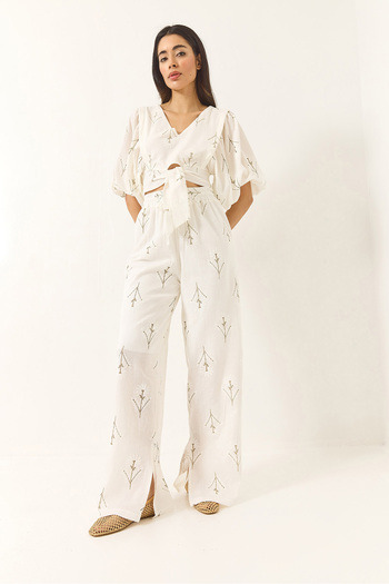 Bianco Lucci Women's Embroidered V-Neck Blouse with High Waist Lined Pants Linen Bottom-Top Set 60283200
