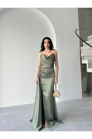 Serica Moda Βραδινό φόρεμα χακί στράπλες σατέν