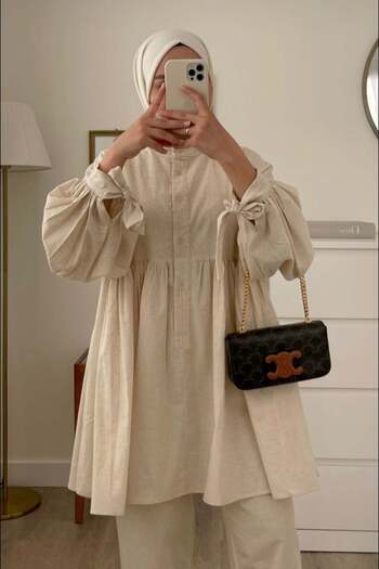 Ceylan Otantik Organic Linen Button Tie-Up Rubbed Tunic & Linen Pipe Leg Pants Set