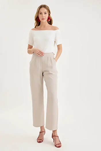 Vitrin High Waist Woven Fabric Pleated Pants