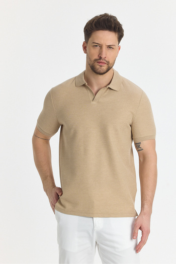 Frappoli Nikol Men's Camel Lycra Cotton Blended Stretching Fabric Sports Lapel Slim Fit Polo Neck T-Shirt