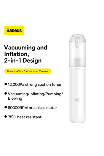 Baseus Baseus A3 Lite Car Vacuum Cleaner 3-in-1 12000Pa Cordless Air Blower, Inflator & Pump - White