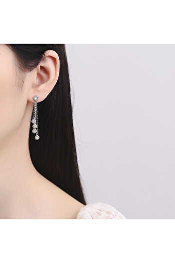 delis Long Drop Earrings with Chains in 925 Silver, with Zirconia, Rhodium Plated