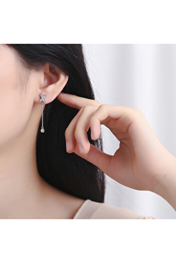 delis Elegant Long Drop Earrings in 925 Silver, with Zirconium, Rhodium Plated