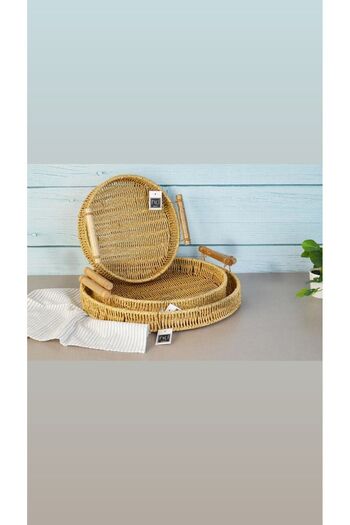 Bayev 3-Piece Wicker Wooden Handle Round Tray Presentation Tray Tea Tray 700659