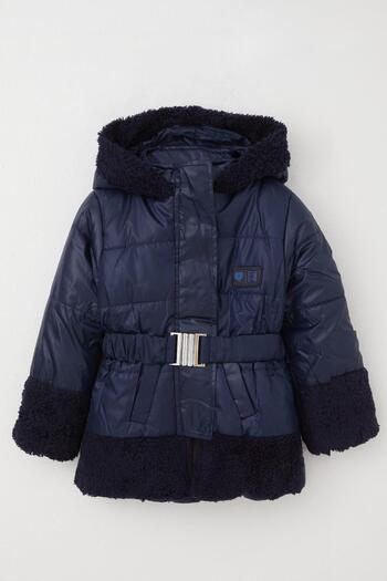 esso mandolin 2-6 Years Girl's Coat - Plush, Belt and Navy Blue