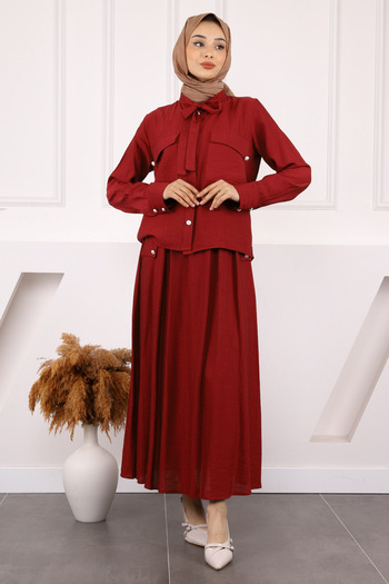 İmajButik Burgundy Collar Tie-Up Shirt Skirt Suit