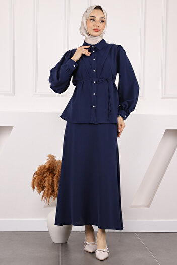 İmajButik Navy Blue Waist Belted Shirt Skirt Suit