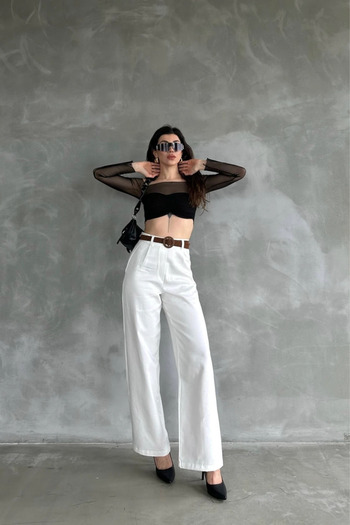 Fav Style Women's High Waist Belted Pipe Leg Linen Trousers White