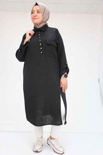Eslina 58055 Large Size Half Placket Buttoned Linen Tunic - Black