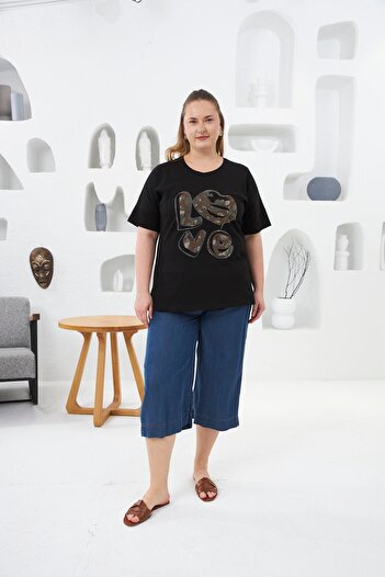 RMG Love Stone Printed Large Size T-Shirt Black