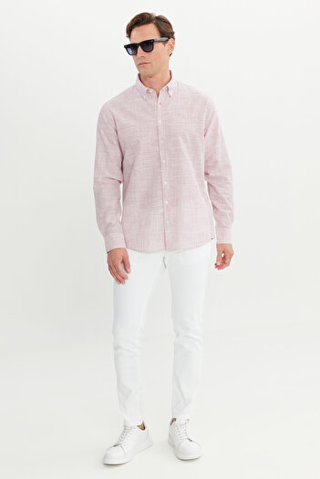AC&Co / Altınyıldız Classics Men's Burgundy 100% Cotton Comfort Fit Relaxed Cut Button Collar Striped Shirt