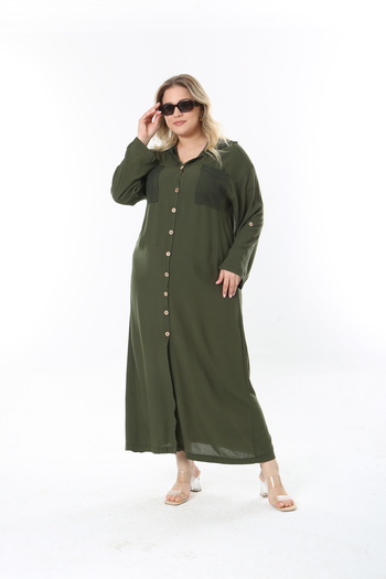 XL Modam Women's Linen Mesh Pocket Hood Detail Khaki Large Size Dress
