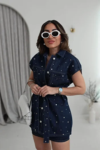 QİMYA BUTİK Levure Women's Studded Detailed Belted Oversize Jeans Vest