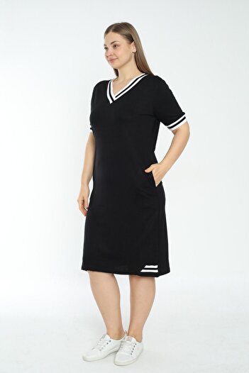 İntensive Women's black Plus Size Collar Striped V-neck short-sleeved Dress