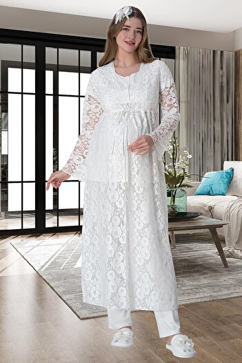 Mecit Pijama Maternity Pajama Set with Lace Dressing Gown