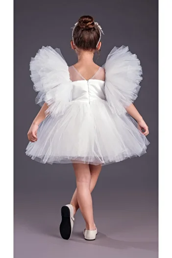 Mnk Baby&Kids Tutu Sukně Nafouklé rukávy Comotini Dívčí večerní šaty s korunkou MNK0582 BÍLÁ