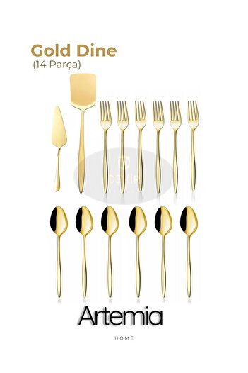 DMR LİFE Gold Dine 14 Piece Dessert Spoon Fork and Pastry Spatula Serving Set |   Gold |   18/10 Stainless Steel