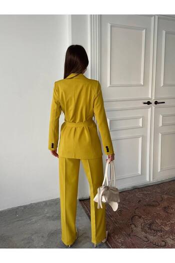 ENZOI Yellow Belted Jacket Palazzo Trousers Suit