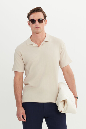 AC&Co / Altınyıldız Classics Men's Beige Relax Fit Relaxed Cut Polo Neck T-Shirt