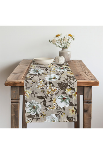 Meine Home Floral Patterned Beige Linen Runner Carefree Fabric