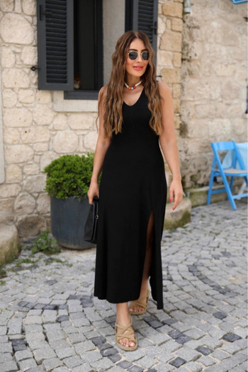 buğrahayalin Women's Strappy V-Neck Slit Viscose Dress