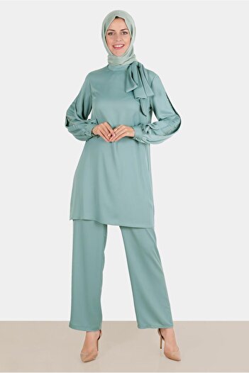 Alvina Satin Jewelled Bow Detailed Double Pants Set - 30276