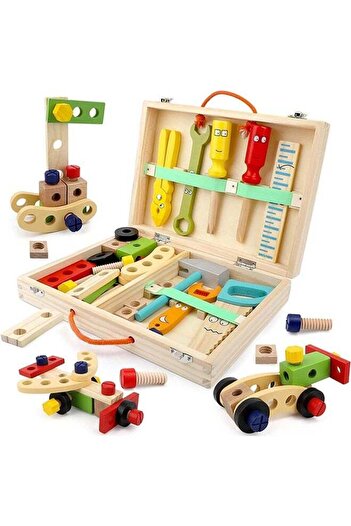 Yelajoy 36 Pieces Pretend Wooden Tool Play Set, With Toolbox, Durable, Construction Toy for 3+ Kids